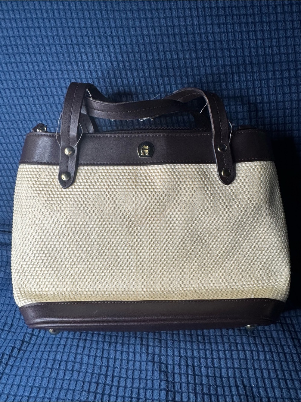 Etienne Aigner Woven Classic Cream and Brown Tote Bag